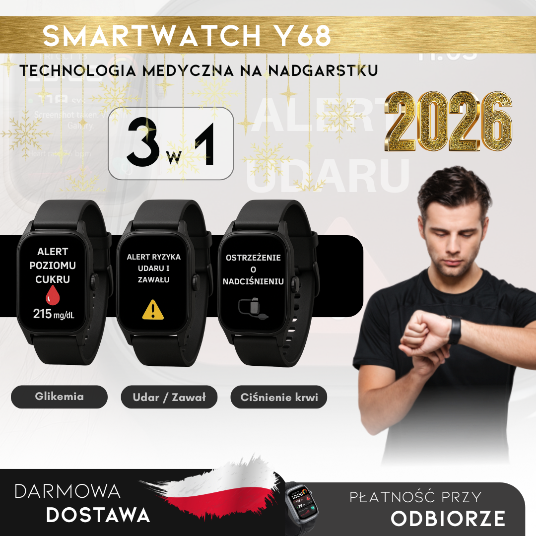 PROMOCJA NOWOROCZNA: Smartwatch Y68 – Monitor Medyczny 3 w 1 (Glukoza, Ciśnienie, Ryzyko Udaru) | Menu po polsku